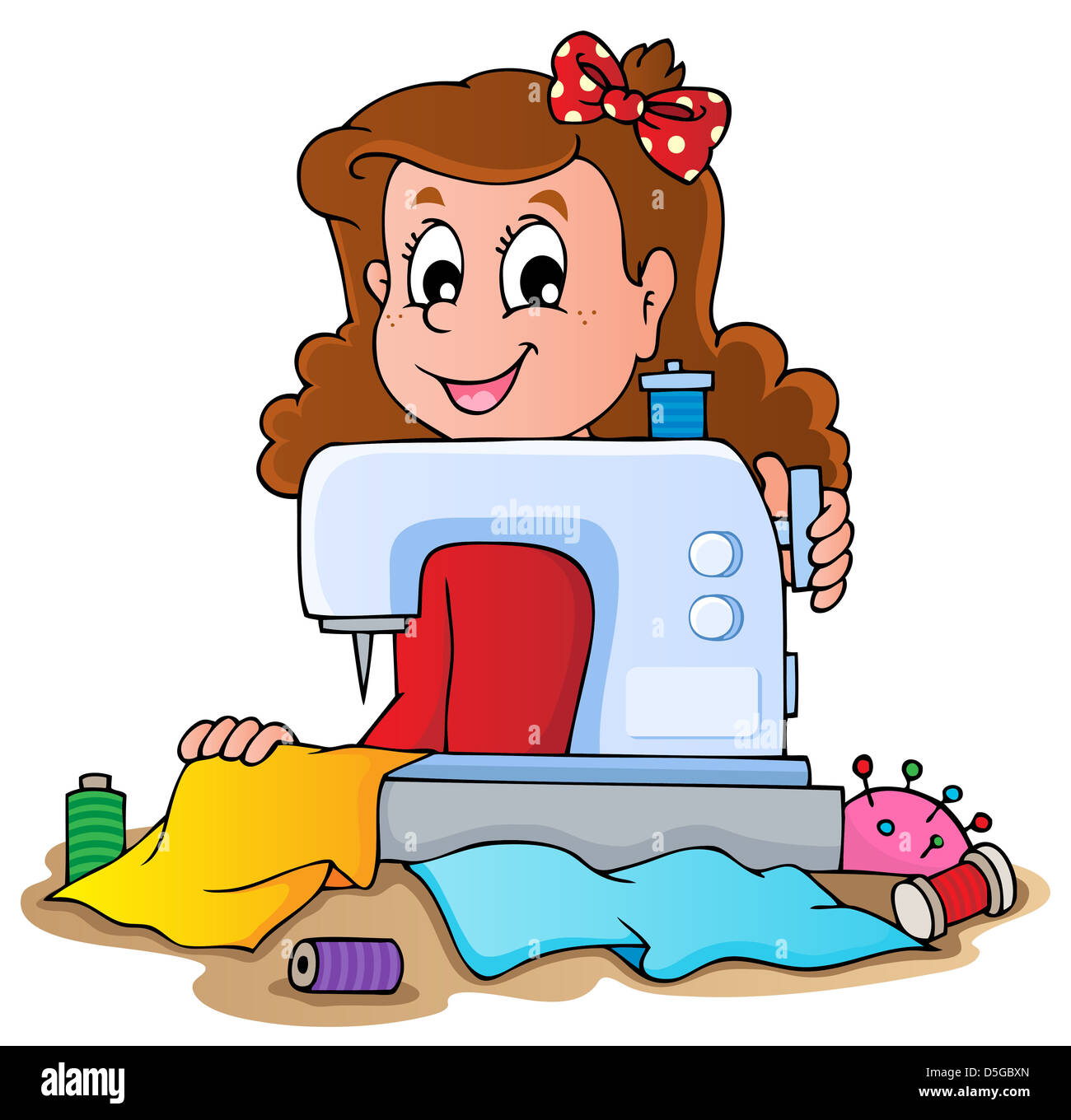 Cartoon girl with sewing machine - picture illustration Stock Photo - Alamy