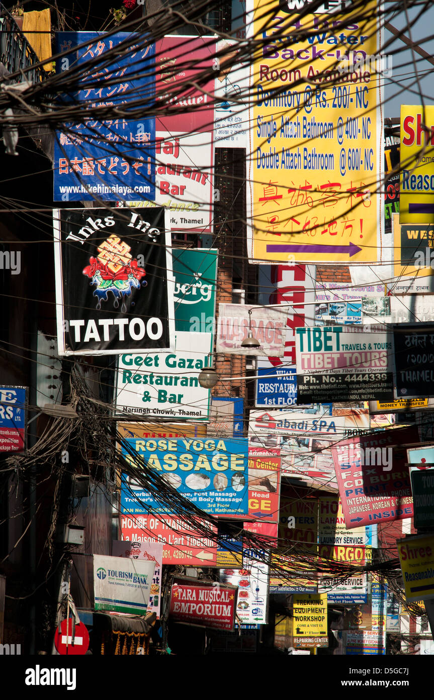 street scene with signage, Thamel, kathmandu Stock Photo