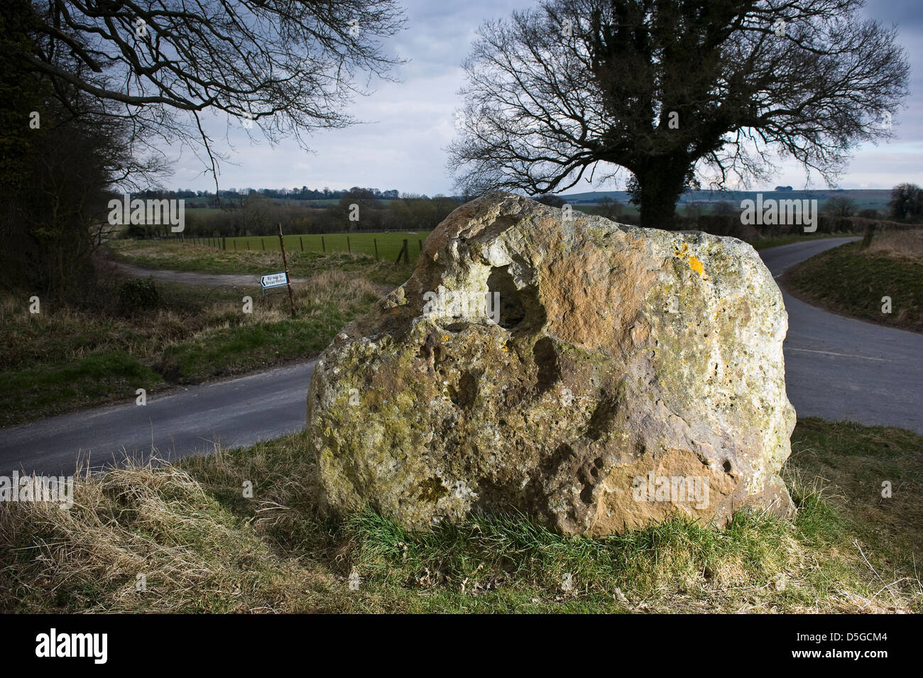 A large, erected sarsen stone near the ruined Winterbourne Bassett Stone Circle, Wiltshire, UK Stock Photo