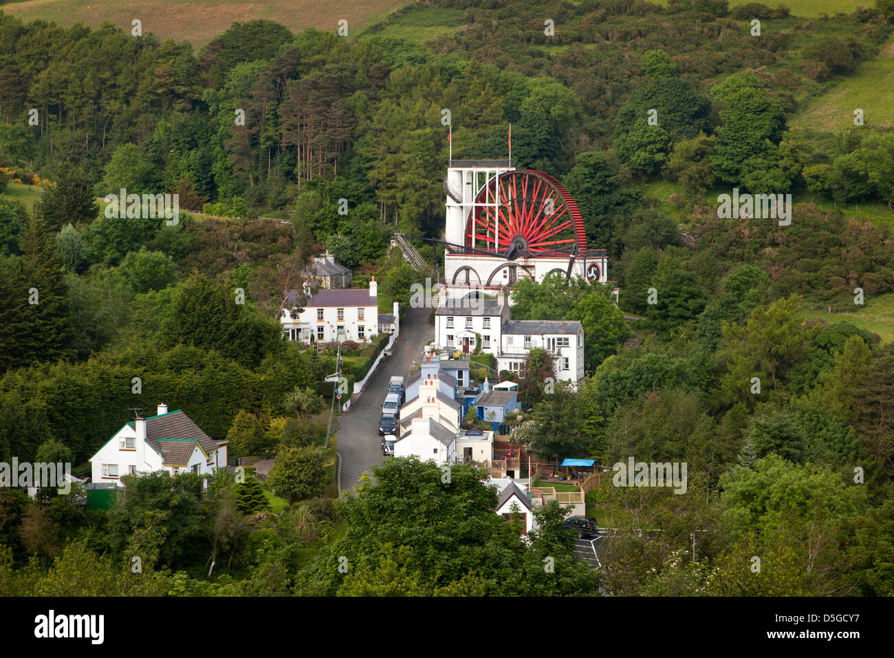 Isle of Man, Laxey, Lady Isabella waterwheel from Snaefell Mountain Railway Stock Photo