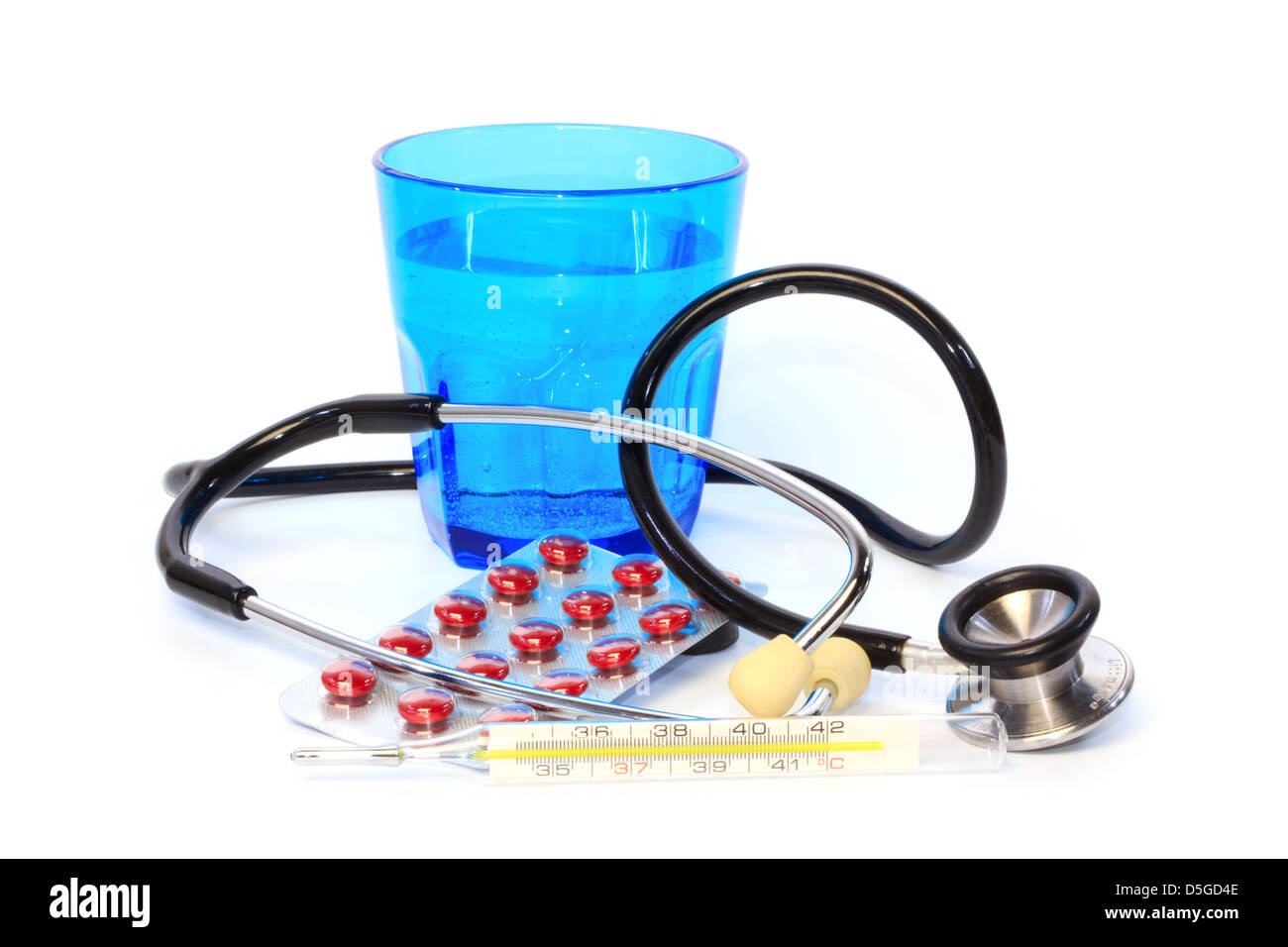 Medical devices, medicines and water against white background Stock