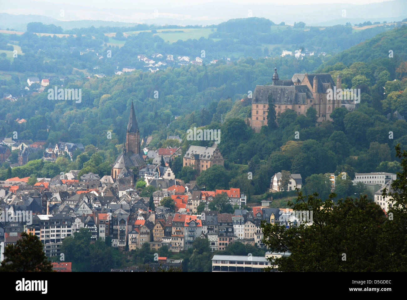 The Hesse town of Marburg, in Germany, with view of the Lutheran church and the castle Stock Photo