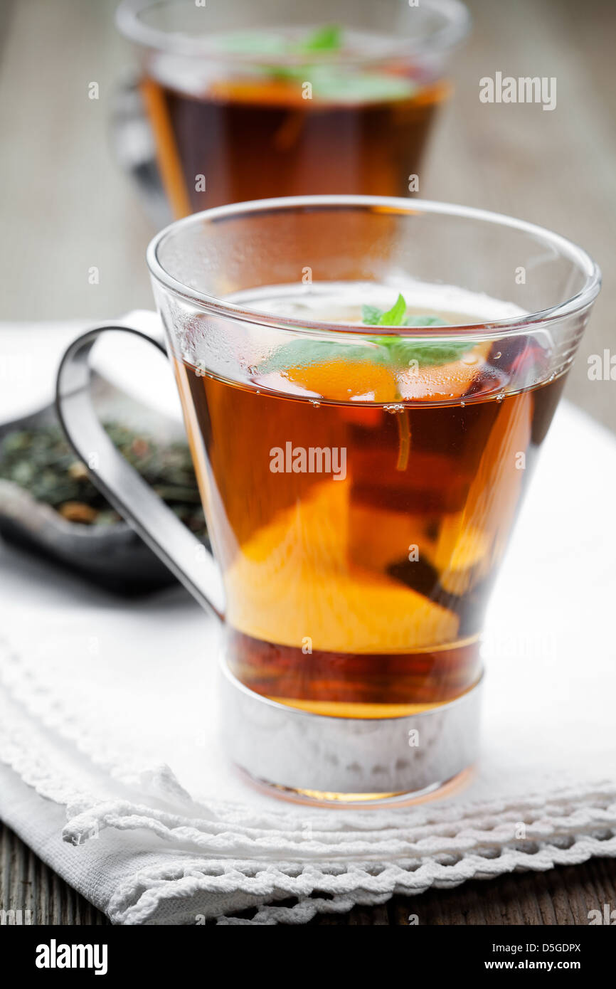 Fresh tea in glass with mint leaves Stock Photo