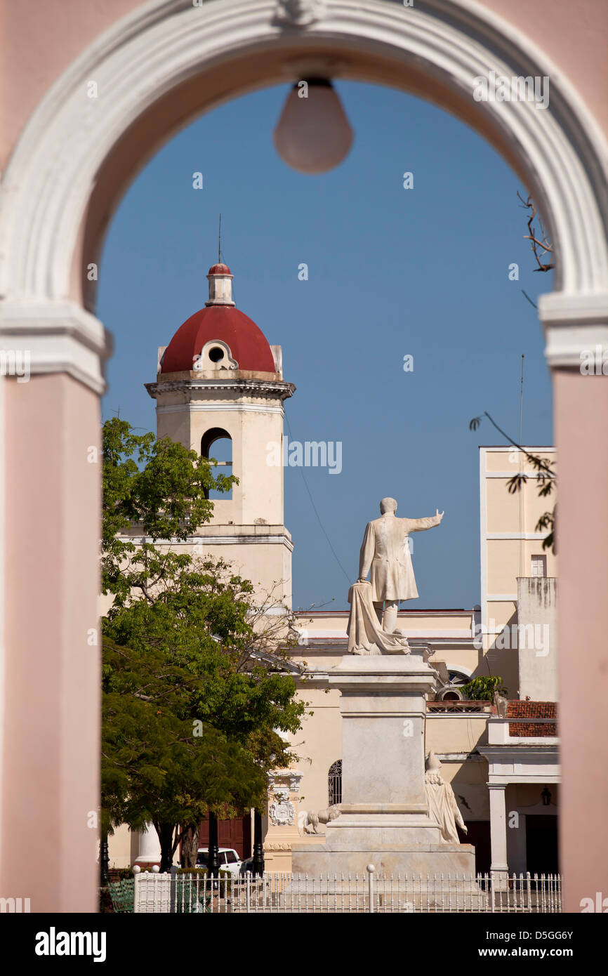 the statue of Jose Marti and the cathedral Cathedral de la Purisma Concepción in Cienfuegos, Cuba, Caribbean Stock Photo