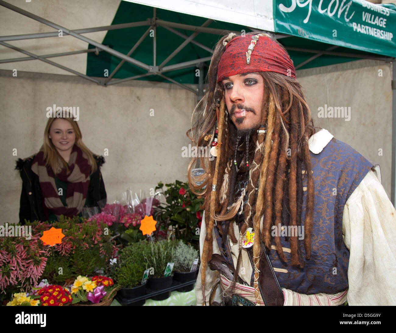 Pirates of the Caribbean Lookalike; Southport, Merseyside, UK. 2nd April, 2013.  John Brook, (MR) 32 years old with beard & long hair, at the new outdoor market, an alfresco venture, in  King Street.  The launch celebrated Captain Jack Sparrow. Stock Photo