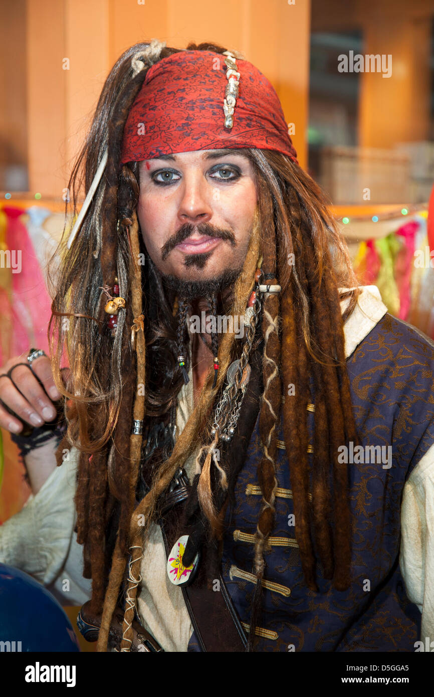 Pirates of the Caribbean Lookalike; Southport, Merseyside, UK. 2nd April, 2013.  John Brook, (MR) 32 years old with beard & long hair, at the new outdoor market, an alfresco venture, in  King Street.  The launch celebrated Captain Jack Sparrow. Stock Photo