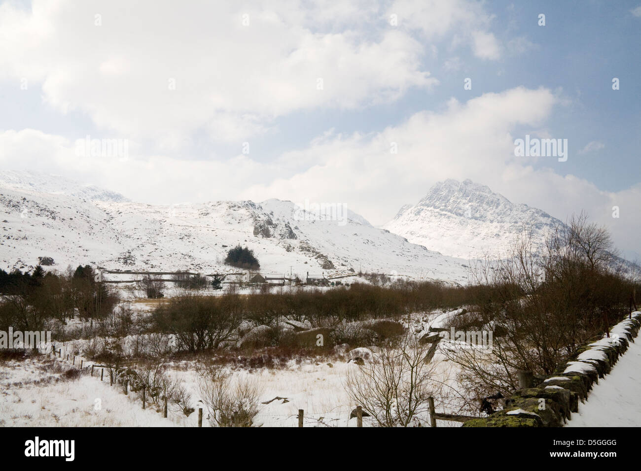 Ogwen Valley Conwy North Wales March View across to snow covered Tryfan