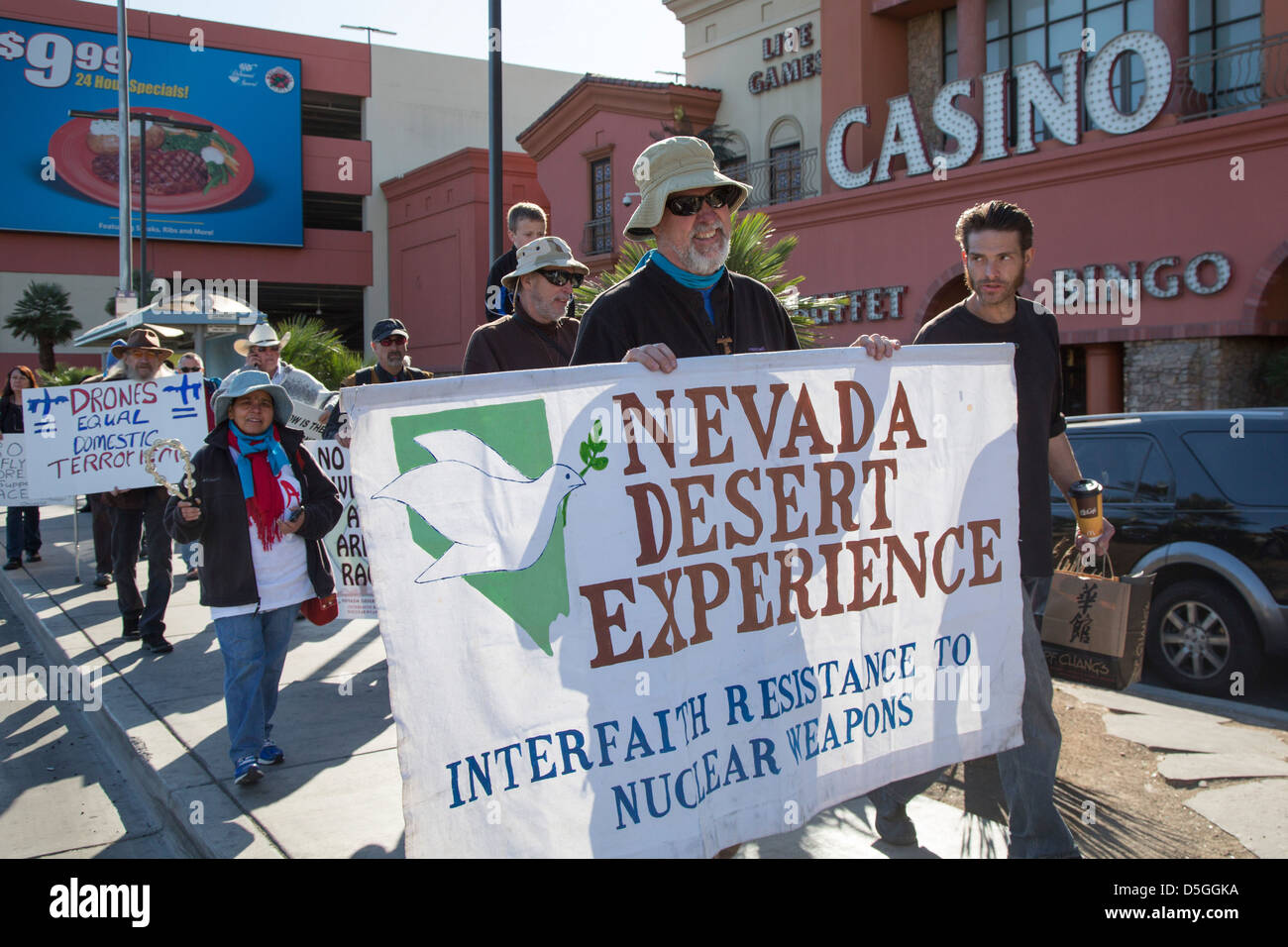 'Sacred Peace Walk' in Nevada desert opposes war, nuclear weapons, and aerial drones. Stock Photo