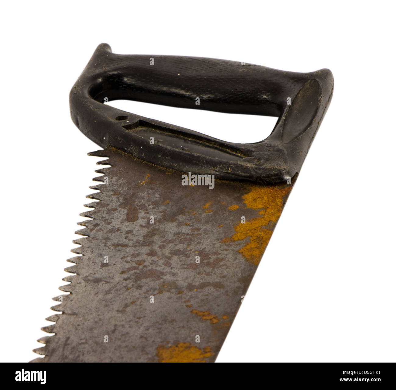 retro rusty hand saw handsaw tool with plastic handle isolated on white background Stock Photo