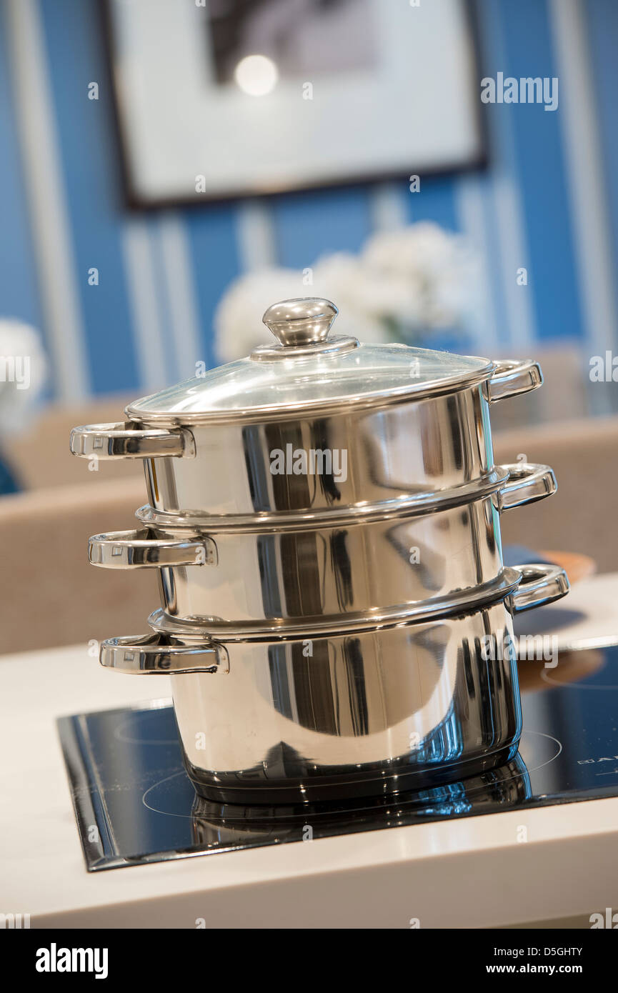 Stainless steel steamer on a hob in a modern kitchen Stock Photo Alamy