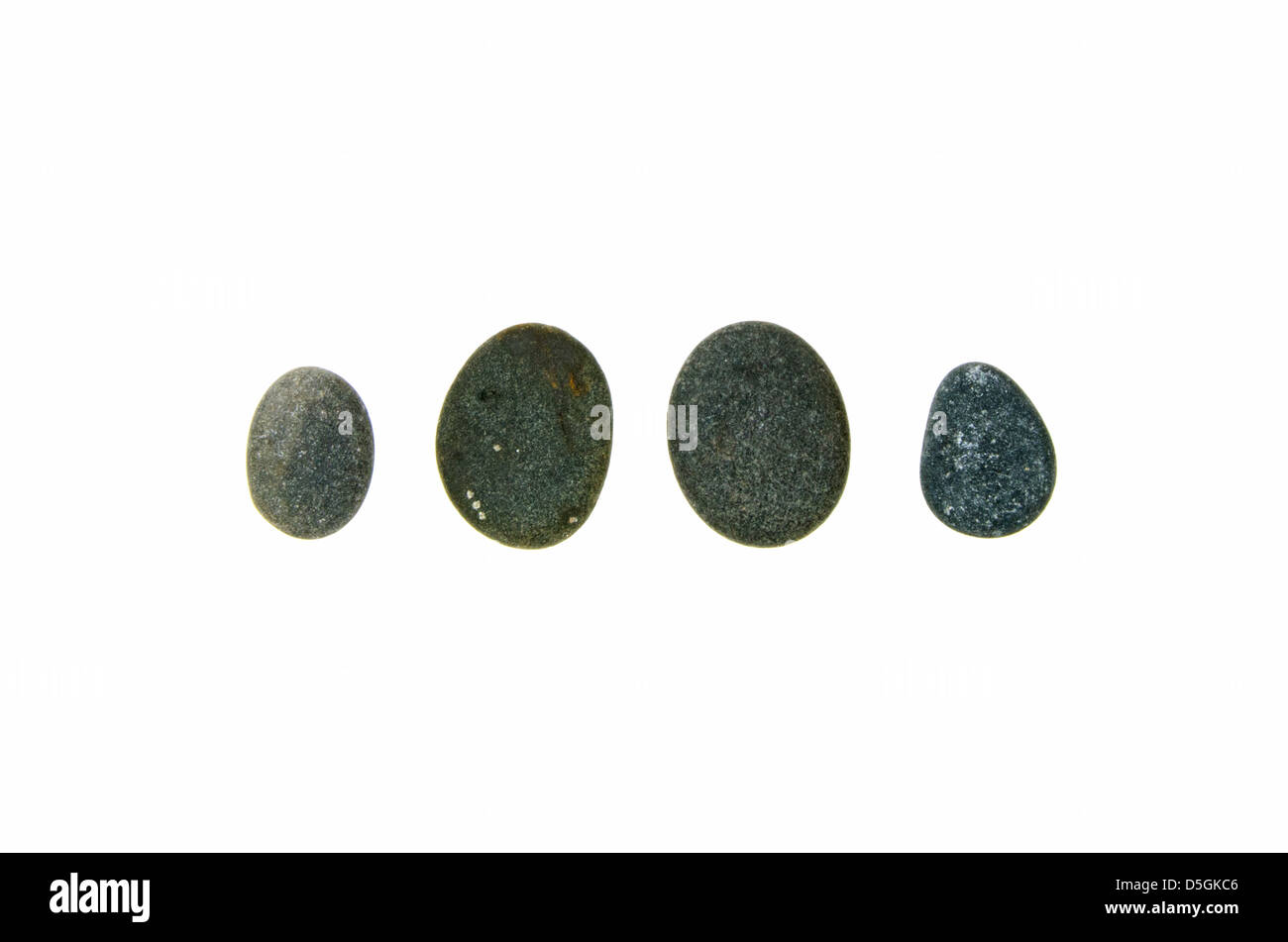 Four smooth, dark beach stones of Maine granite and schist. Stock Photo
