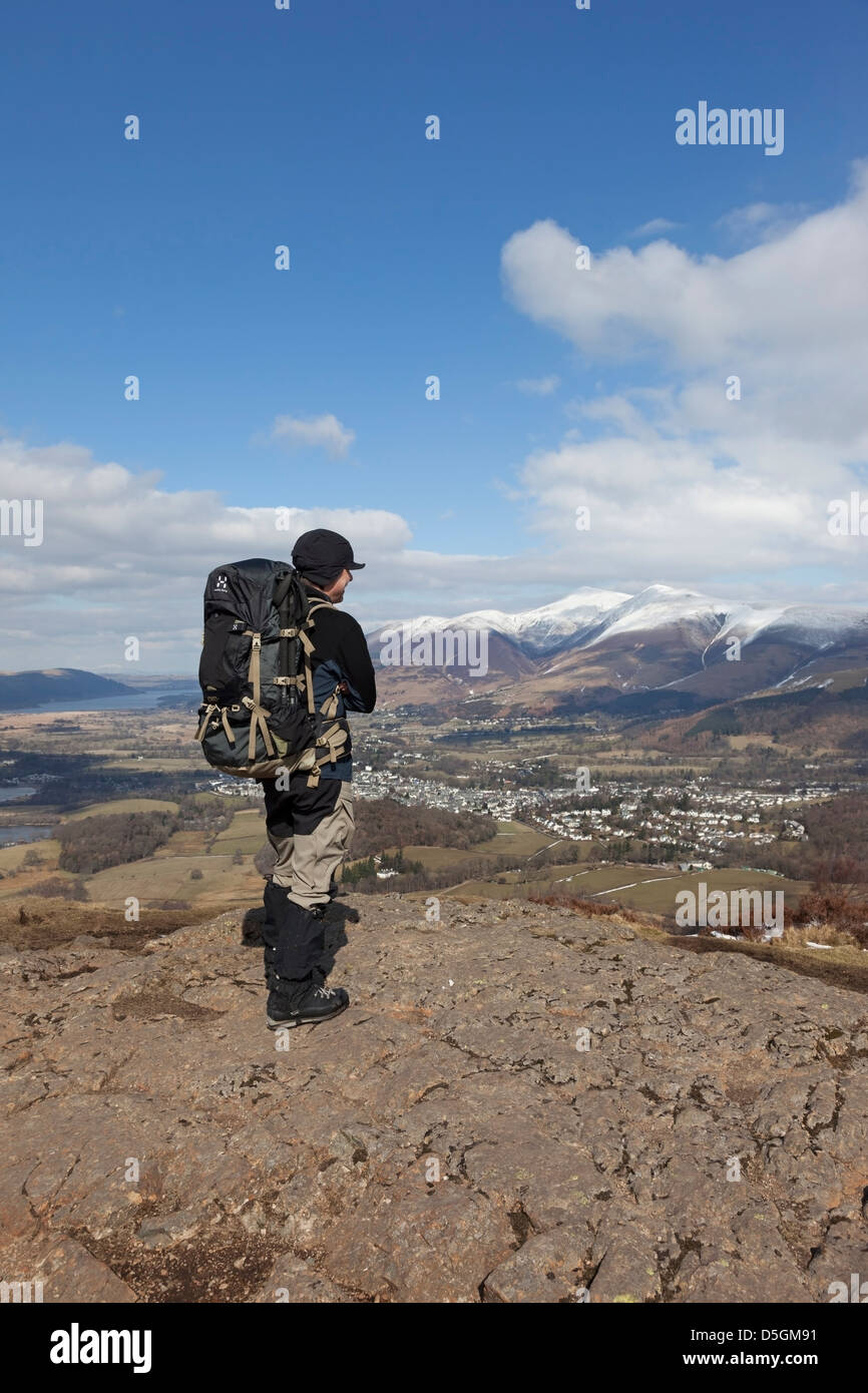 Hill Walker on Walla Crag with the View North over Keswick to Skiddaw Lake District Cumbria UK