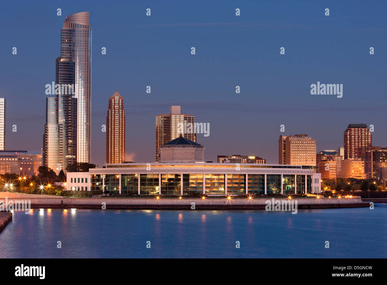 SHEDD AQUARIUM LAKE SHORE SKYLINE DOWNTOWN CHICAGO ILLINOIS USA Stock
