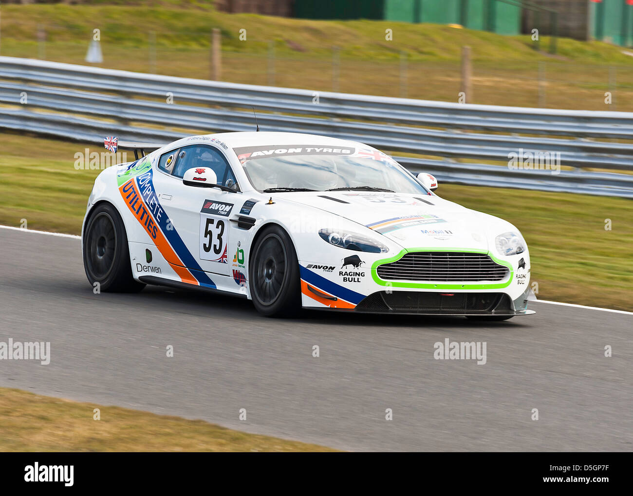 Aston Martin GT4 Sports Car in British GT Championship at Oulton Park Motor Racing Circuit