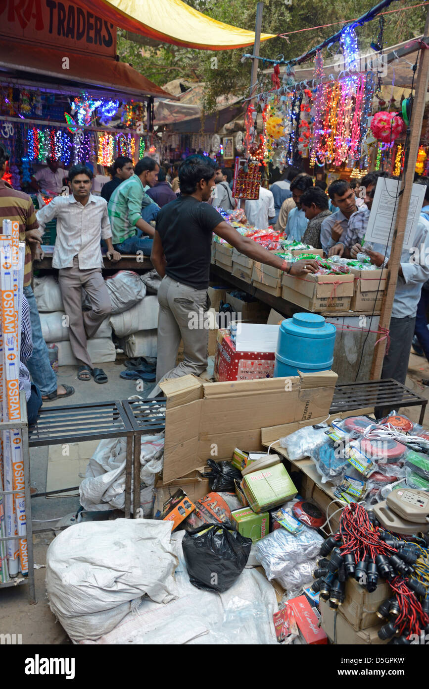 Diwali (Festival of Light) decorations on sale in a side street market in Chandni Chowk, Old Delhi, India Stock Photo