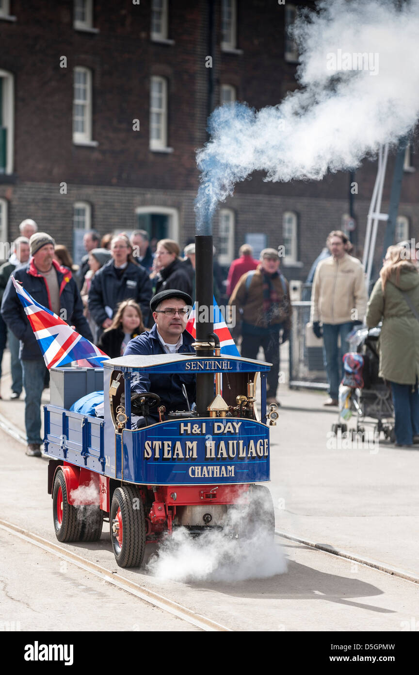 A miniature steam driven vehicle being driven at the Chatham Histpric Dockyard. Stock Photo