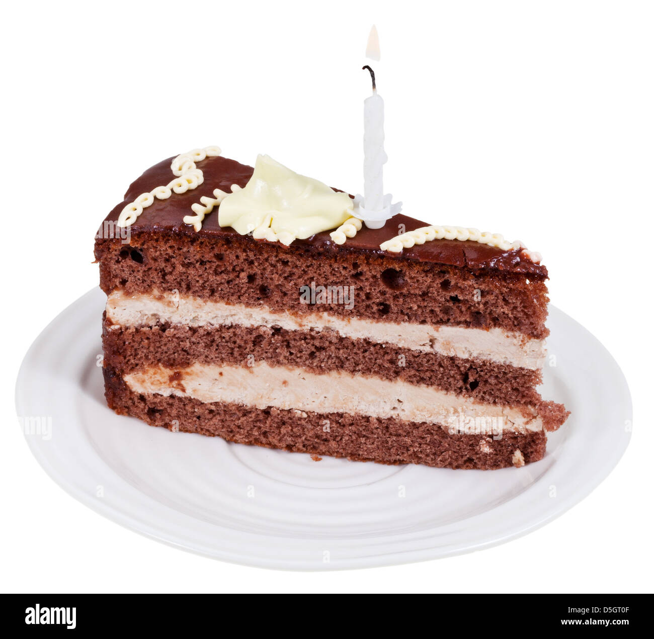 piece of chocolate cake with burning candle on plate isolated on white background Stock Photo
