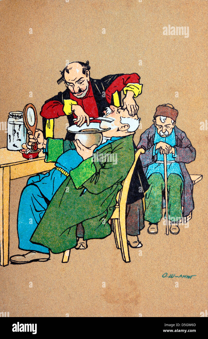 Hairdresser in old Tiflis, postcard, 1928 Stock Photo