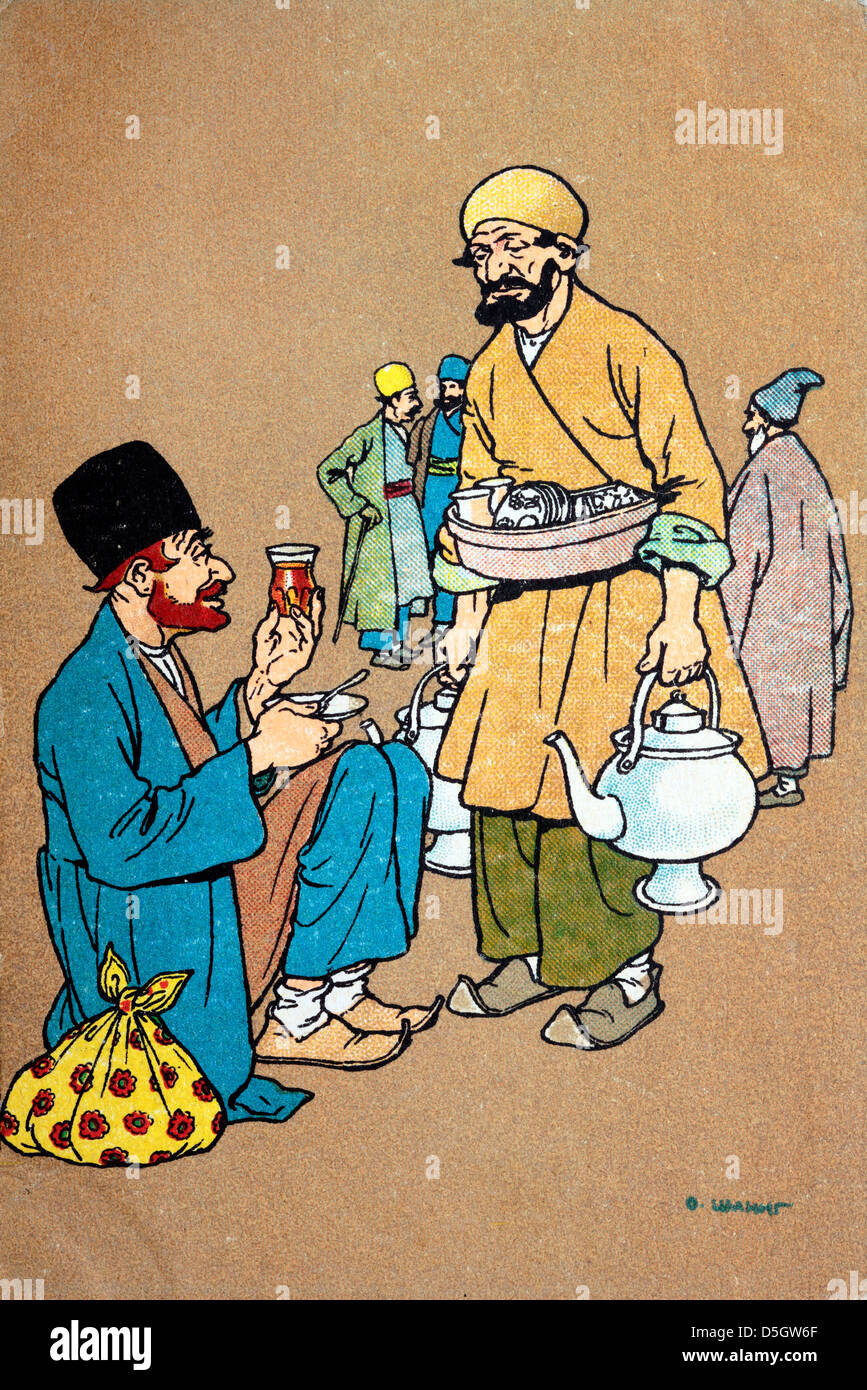 Tea drinking in old Tiflis, postcard, 1928 Stock Photo