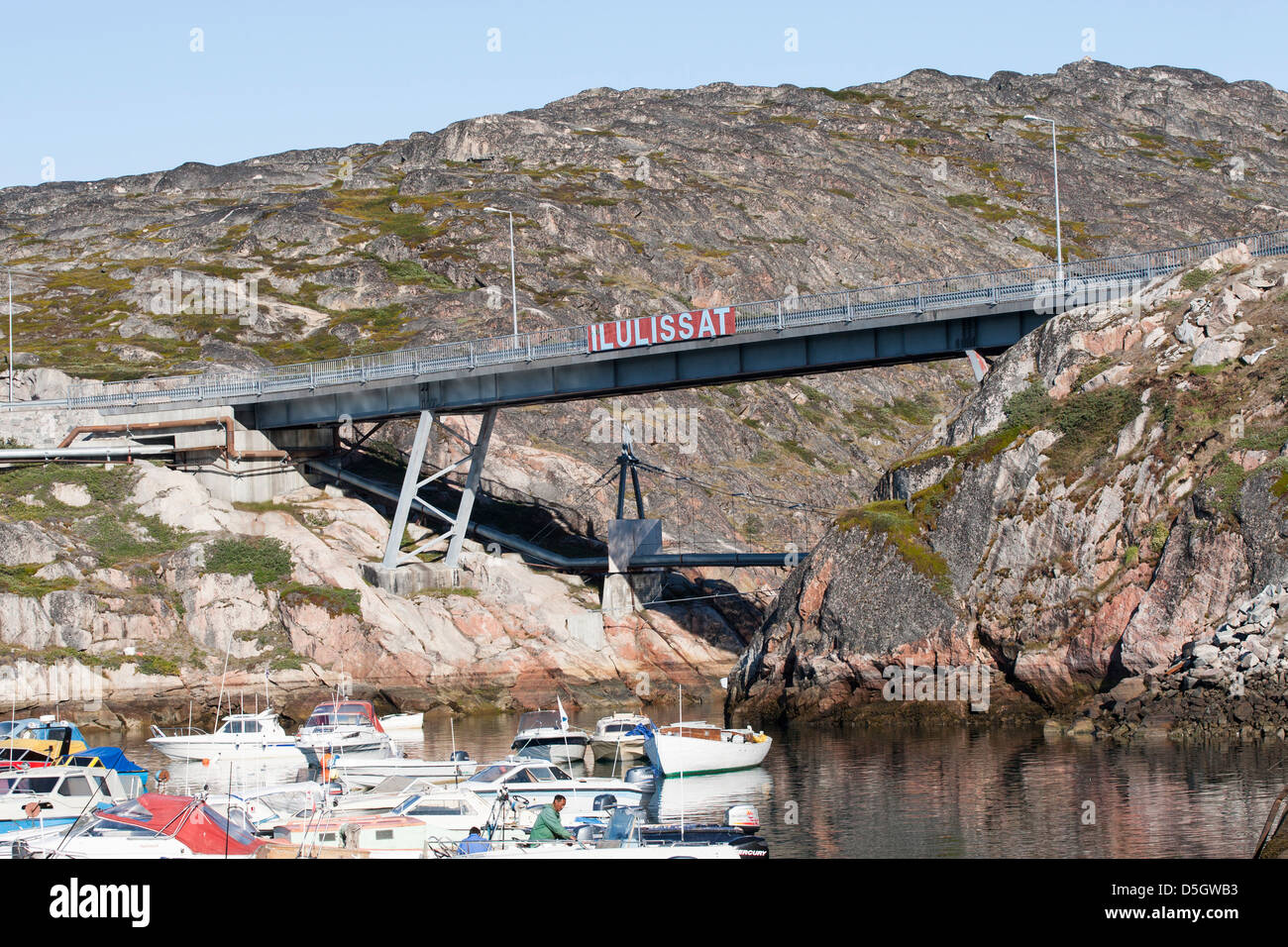 Bridge over harbour, Ilulissat (Jakobshavn), Greenland Stock Photo