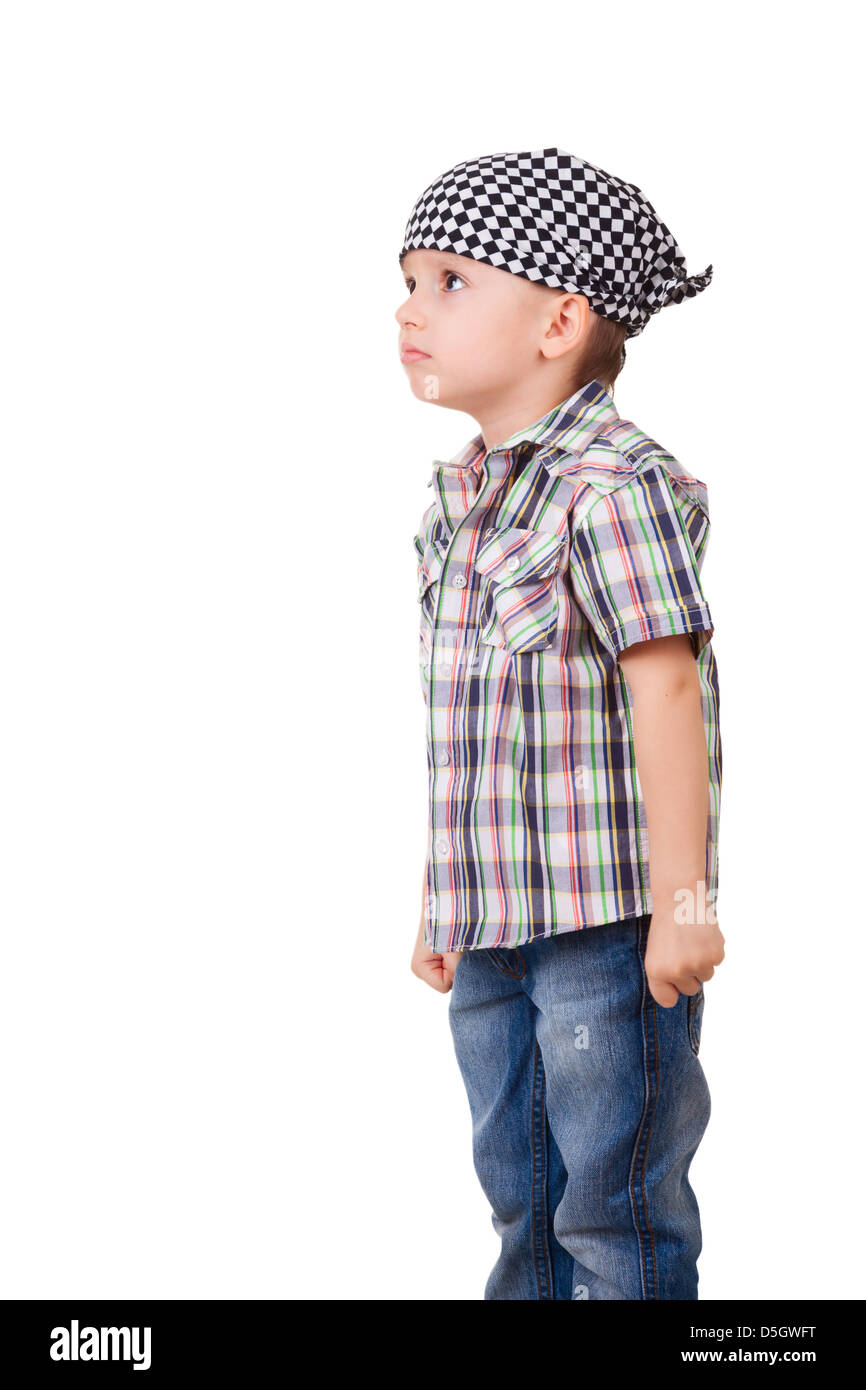 Portrait of a angry capricious preschool kid in bandanna and shirt, isolated on white Stock Photo