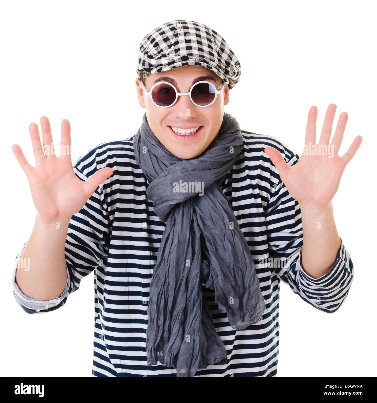 Young retro stylish twister man in striped clothes isolated on white background Stock Photo