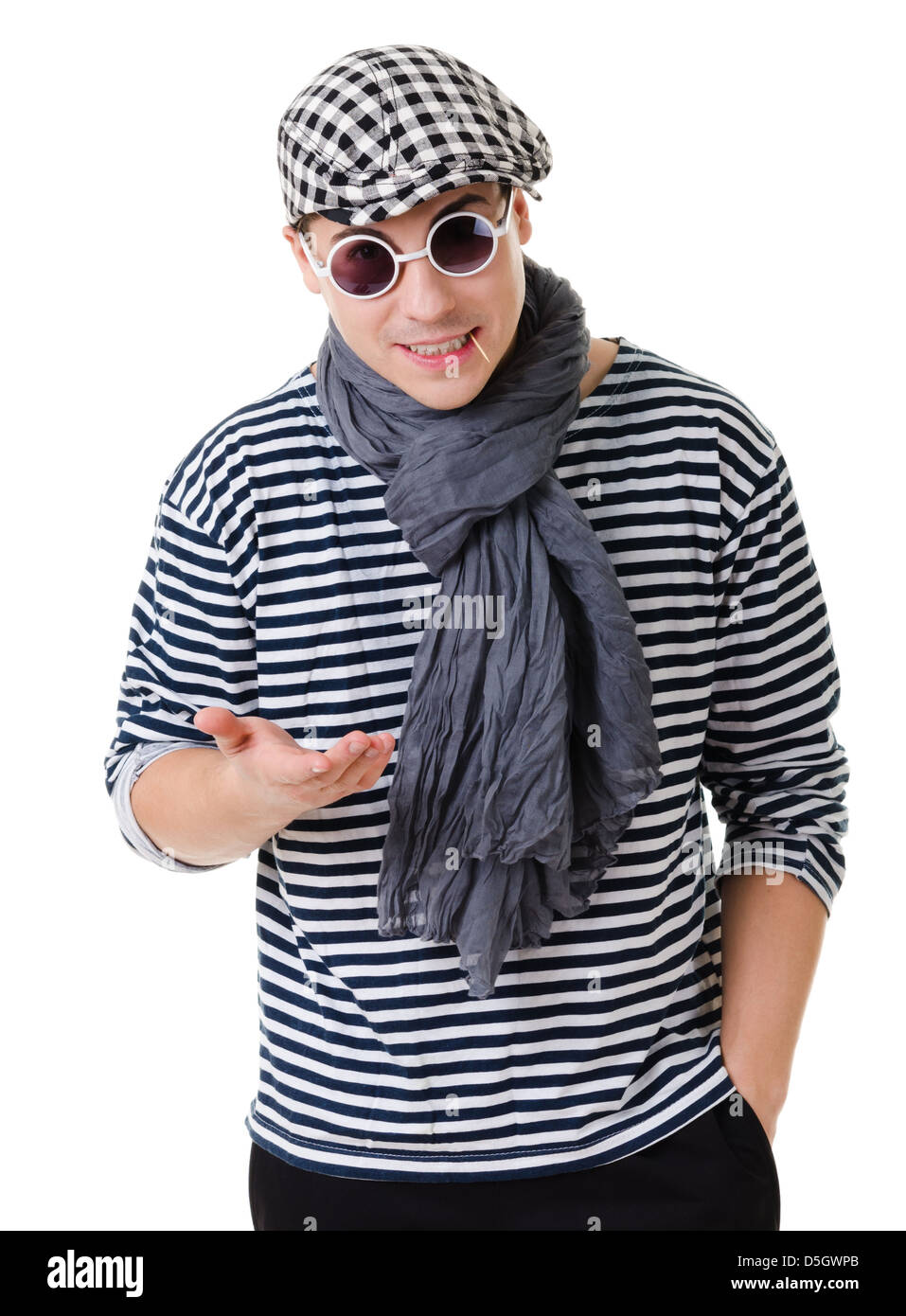 Young stylish talking in camera twister man in striped clothes isolated on white background Stock Photo