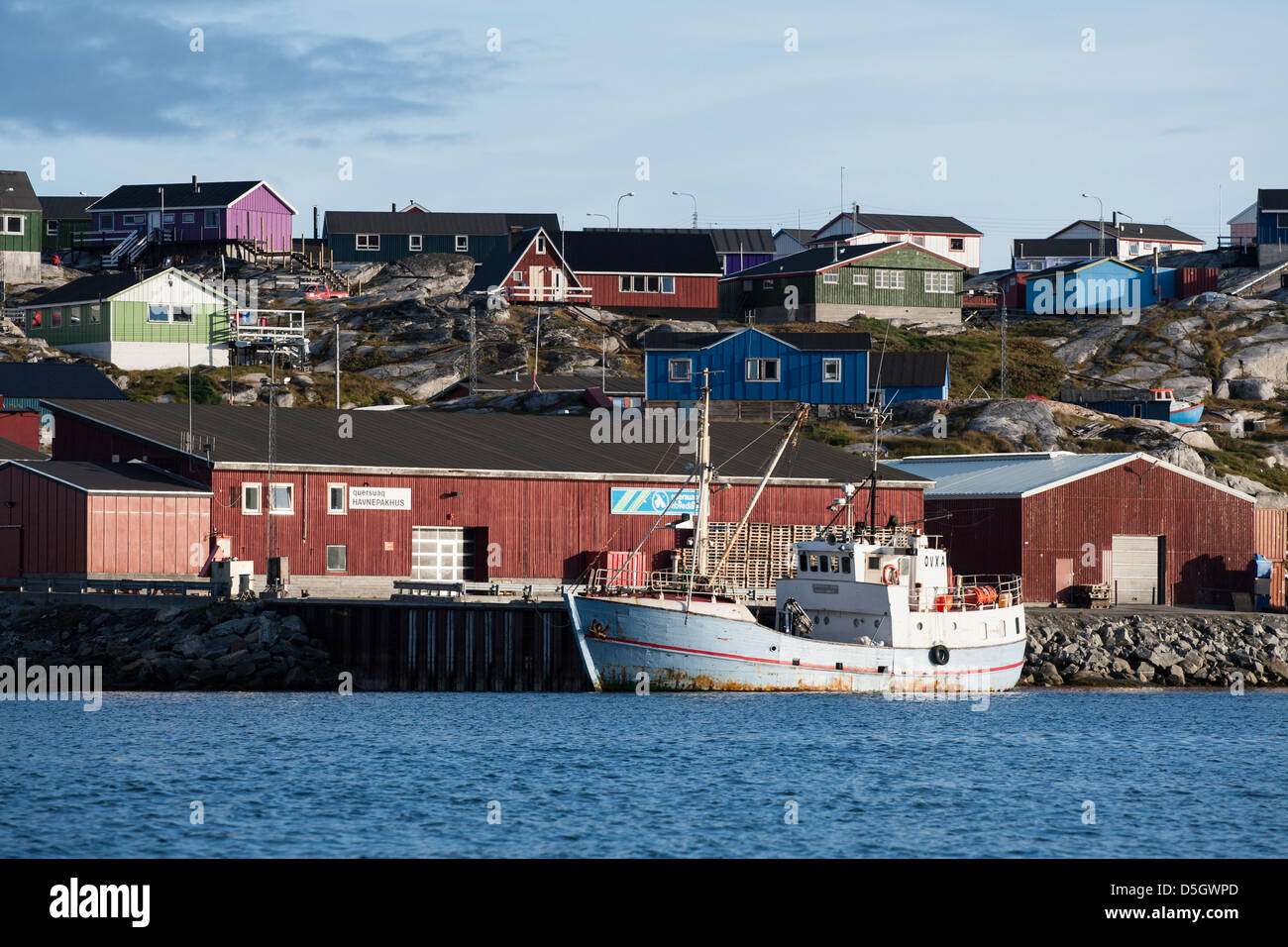 Fishing boat in Qeqertarsuaq harbour, Greenland Stock Photo