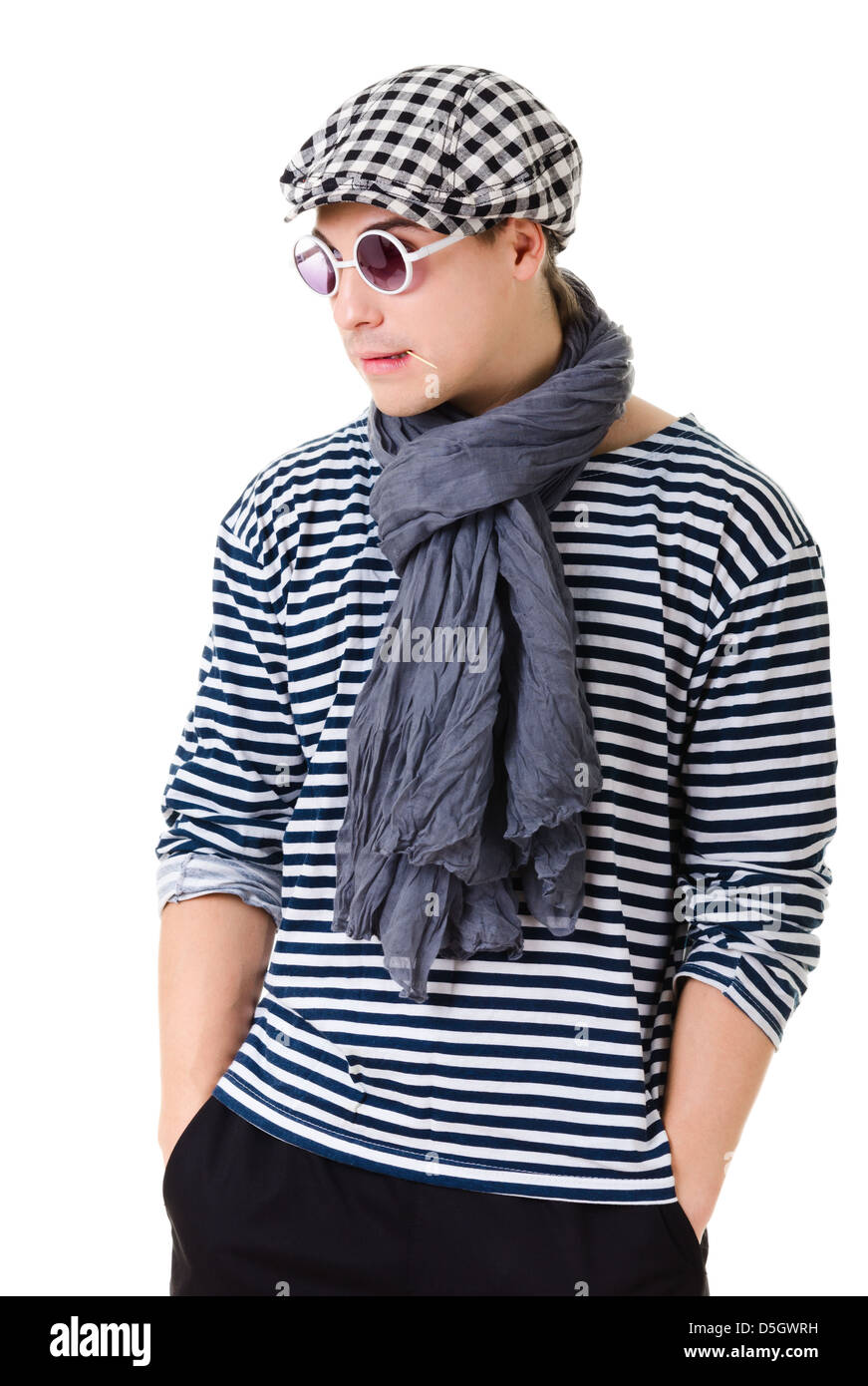 Young retro stylish man in striped clothes, glasses and hat isolated on white background Stock Photo