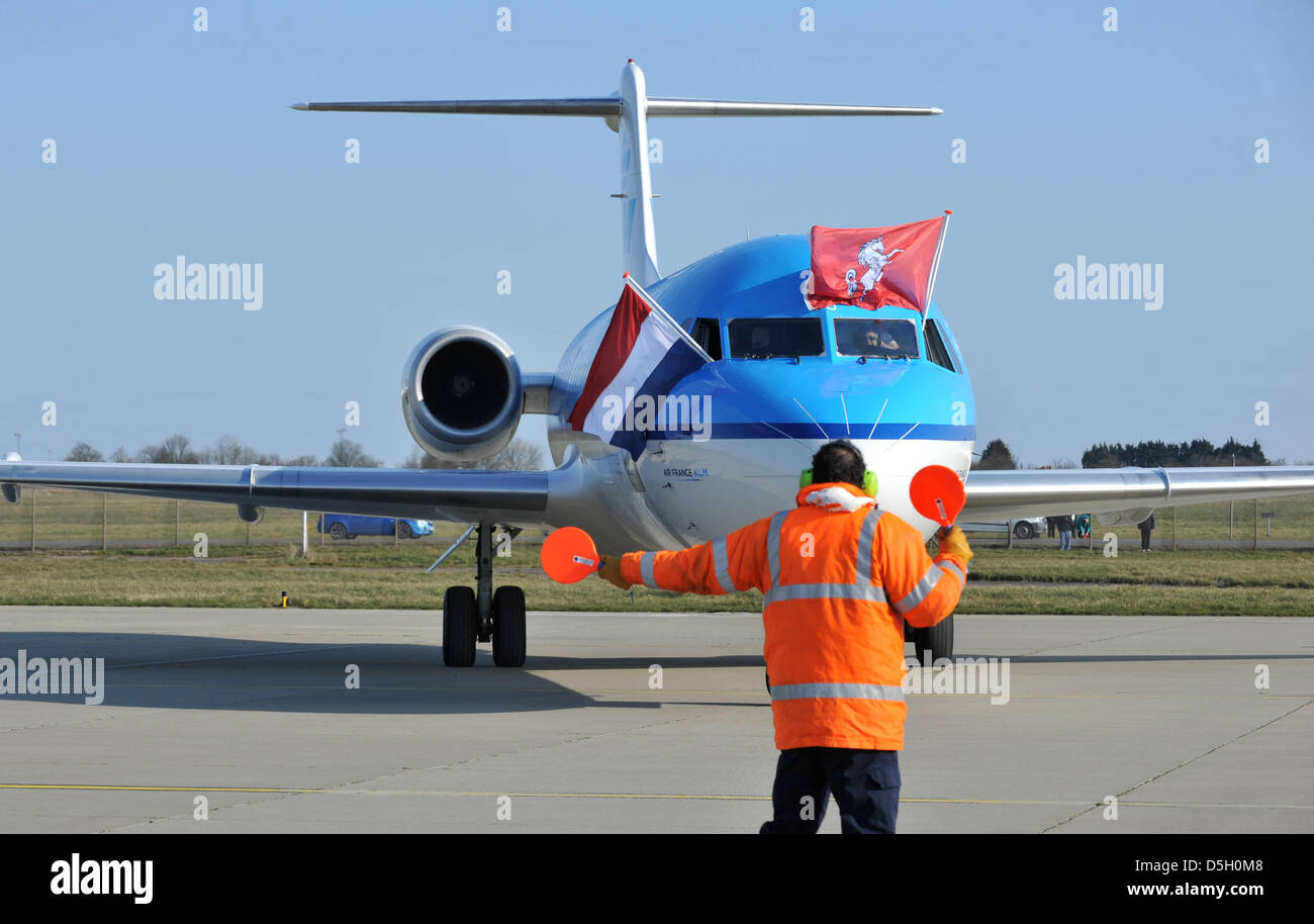 Manston, Kent, UK. 2nd April 2013. Launch day at Manston, Kent of the new KLM service between there and the main hub airport of Schiphol in Holland. The Fokker 70 aircraft will be used on the twice daily flights. KLM and Manston officials were there for the launch day. 2nd April, 2013  PICTURE BY : DORSET MEDIA SERVICE/Alamy Live News Stock Photo