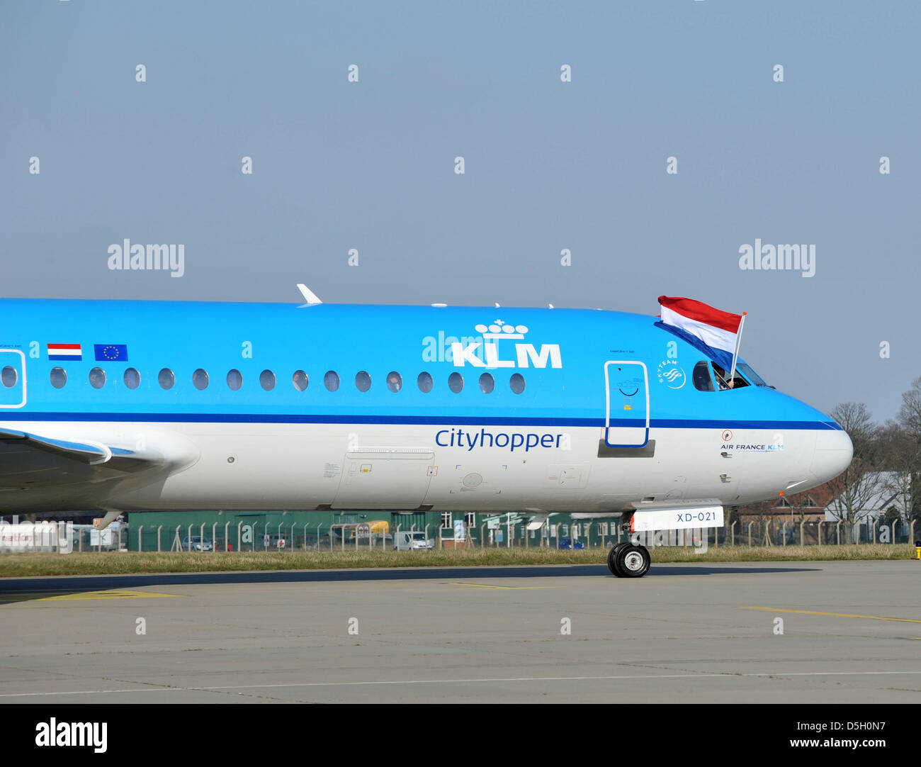 Manston, Kent, UK. 2nd April 2013. Launch day at Manston, Kent of the new KLM service between there and the main hub airport of Schiphol in Holland. The Fokker 70 aircraft will be used on the twice daily flights. KLM and Manston officials were there for the launch day. 2nd April, 2013  PICTURE BY : DORSET MEDIA SERVICE/Alamy Live News Stock Photo