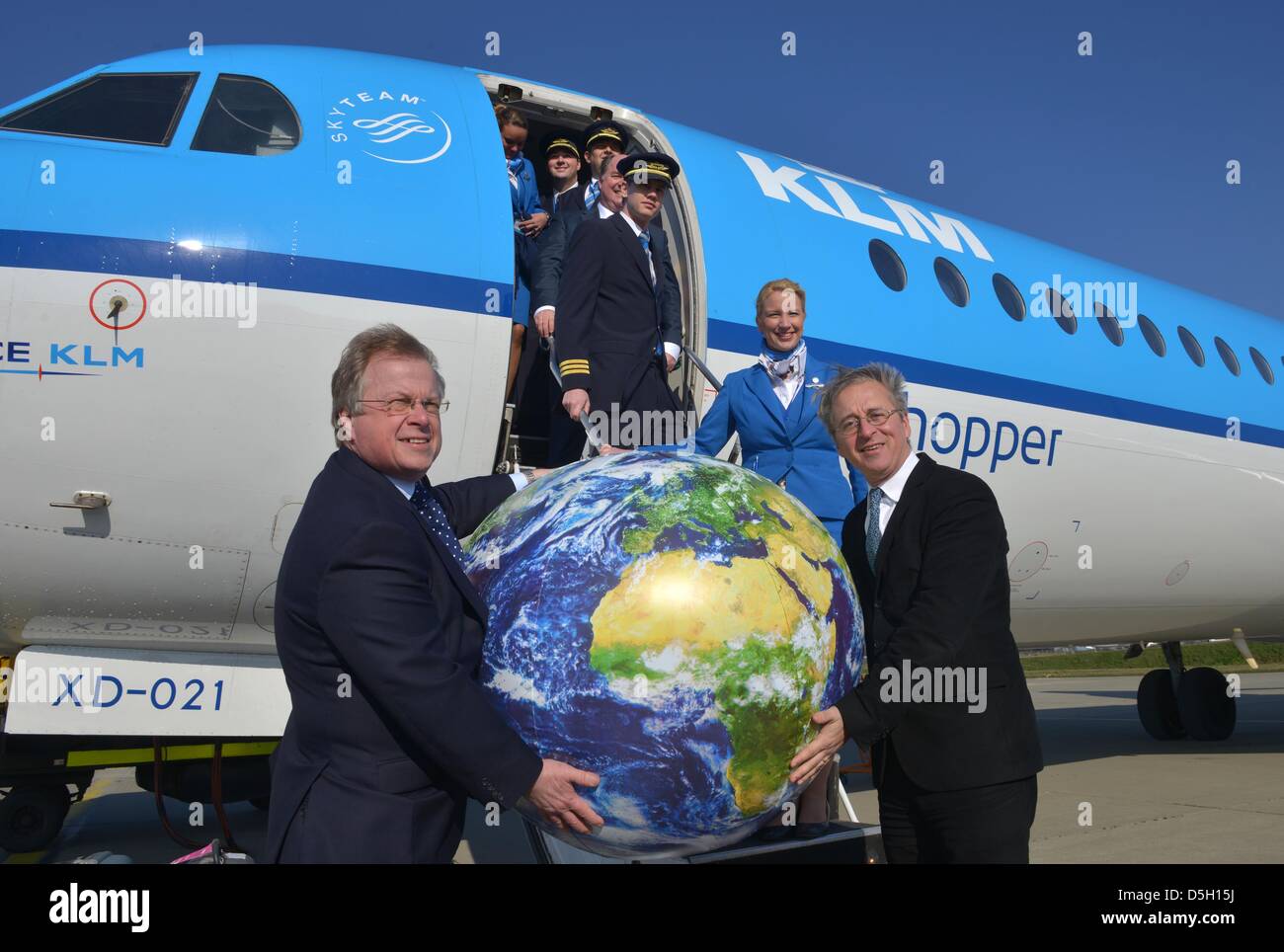 Manston, Kent, UK. 2nd April 2013. Launch day at Manston, Kent of the new KLM service between there and the main hub airport of Schiphol in Holland. The Fokker 70 aircraft will be used on the twice daily flights. KLM and Manston officials were there for the launch day. 2nd April, 2013  PICTURE BY : DORSET MEDIA SERVICE/Alamy Live News Stock Photo