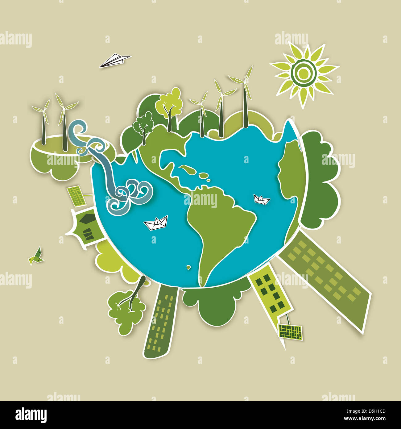 Go green world. Industry sustainable development with environmental conservation background illustration. Vector file layered for easy manipulation Stock Photo