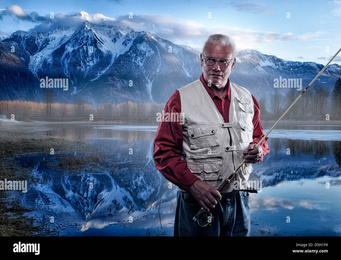 Composite portrait of fly fisherman. (MR) Stock Photo