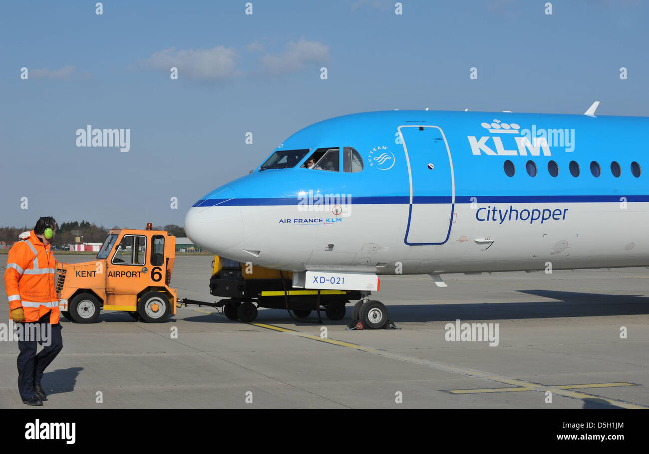Manston, Kent, UK. 2nd April 2013. Launch day at Manston, Kent of the new KLM service between there and the main hub airport of Schiphol in Holland. The Fokker 70 aircraft will be used on the twice daily flights. KLM and Manston officials were there for the launch day. 2nd April, 2013  PICTURE BY : DORSET MEDIA SERVICE/Alamy Live News Stock Photo