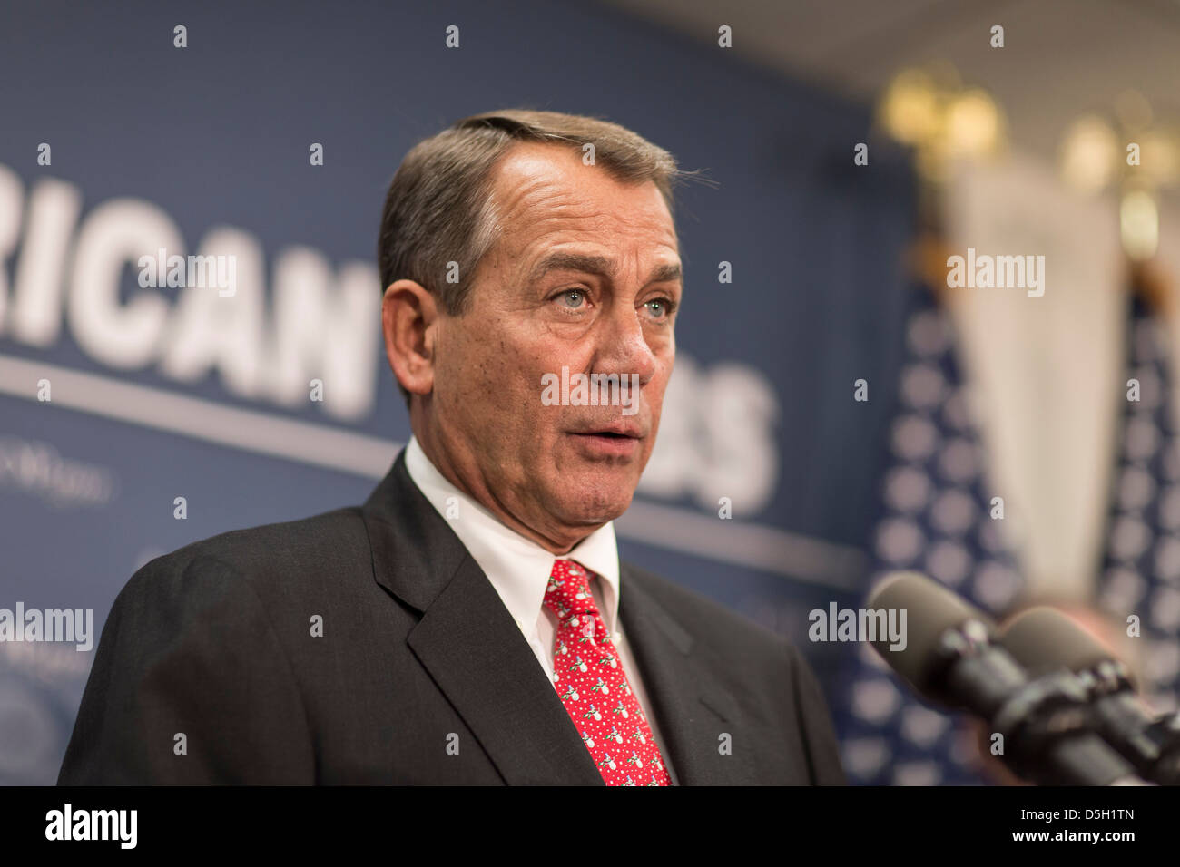 Speaker of the House John Boehner (R-OH) speaks at a press conference after a Republican caucus meeting on Capitol Hill. Stock Photo