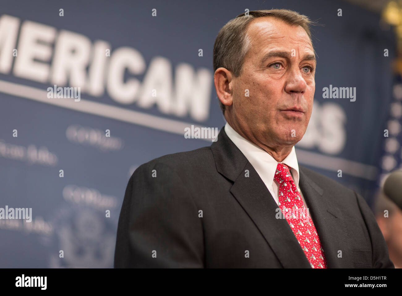 Speaker of the House John Boehner (R-OH) speaks at a press conference after a Republican caucus meeting on Capitol Hill. Stock Photo