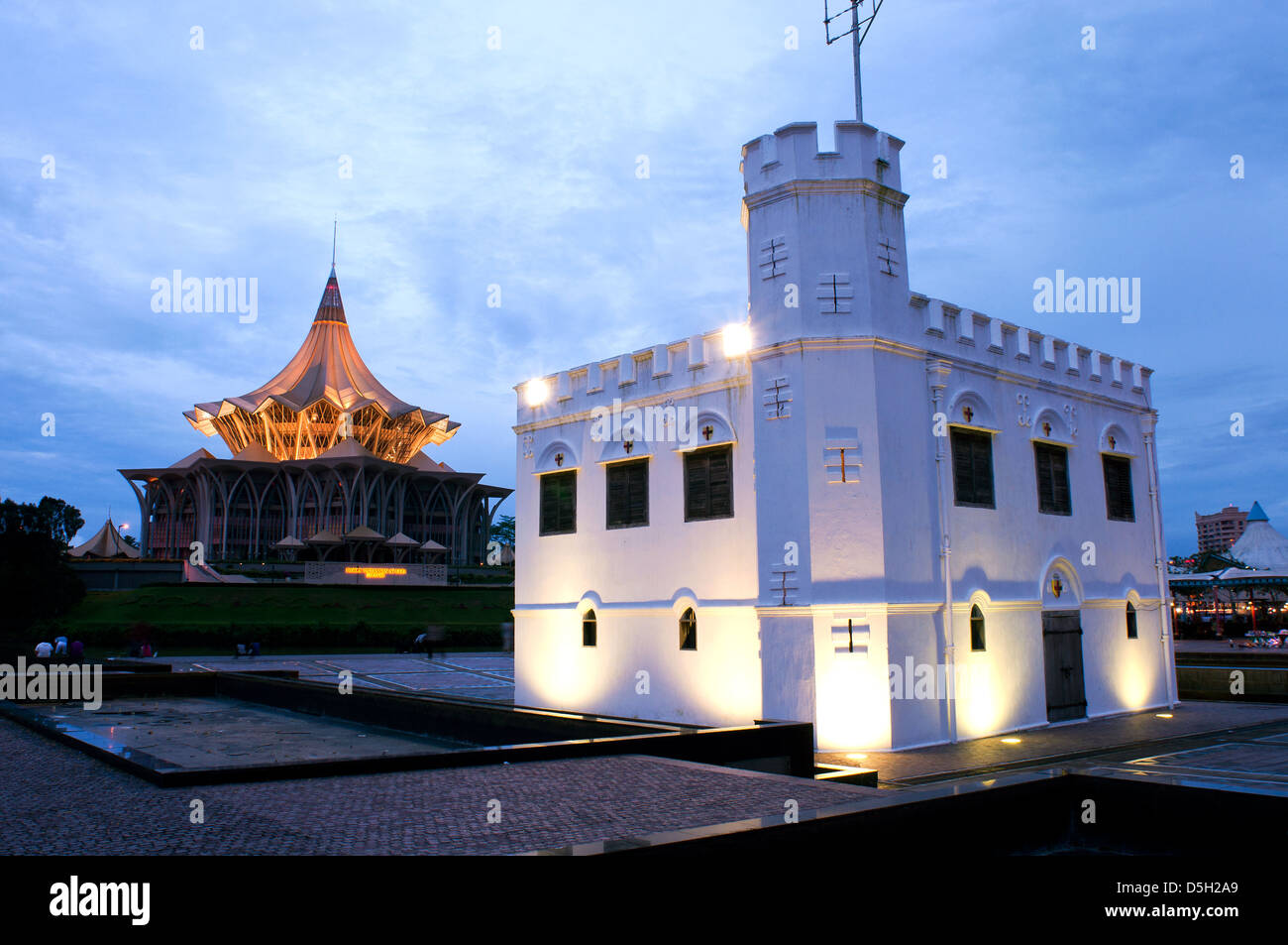 square tower and parliament building, waterfront, kuching, sarawak, malaysia Stock Photo