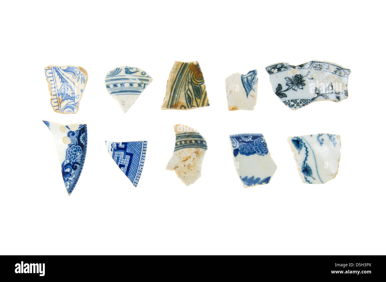Ten pieces of blue-and-white sea china on white background. Stock Photo