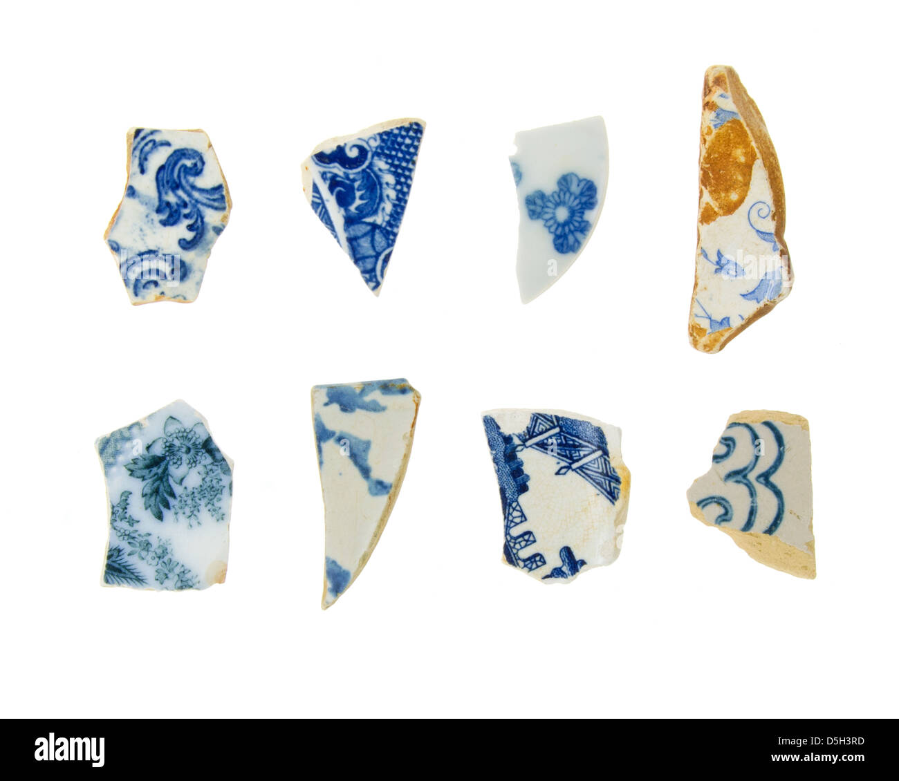 Eight pieces of blue-and-white sea china on a white background Stock Photo