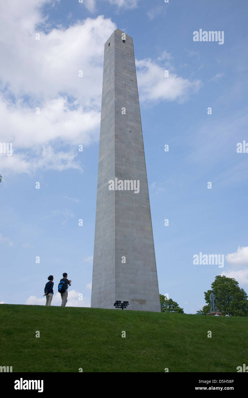 Tourists take picture Bunker Hill Memorial stands 221 feet tall Breed's Hill the site the first major battle the American Stock Photo