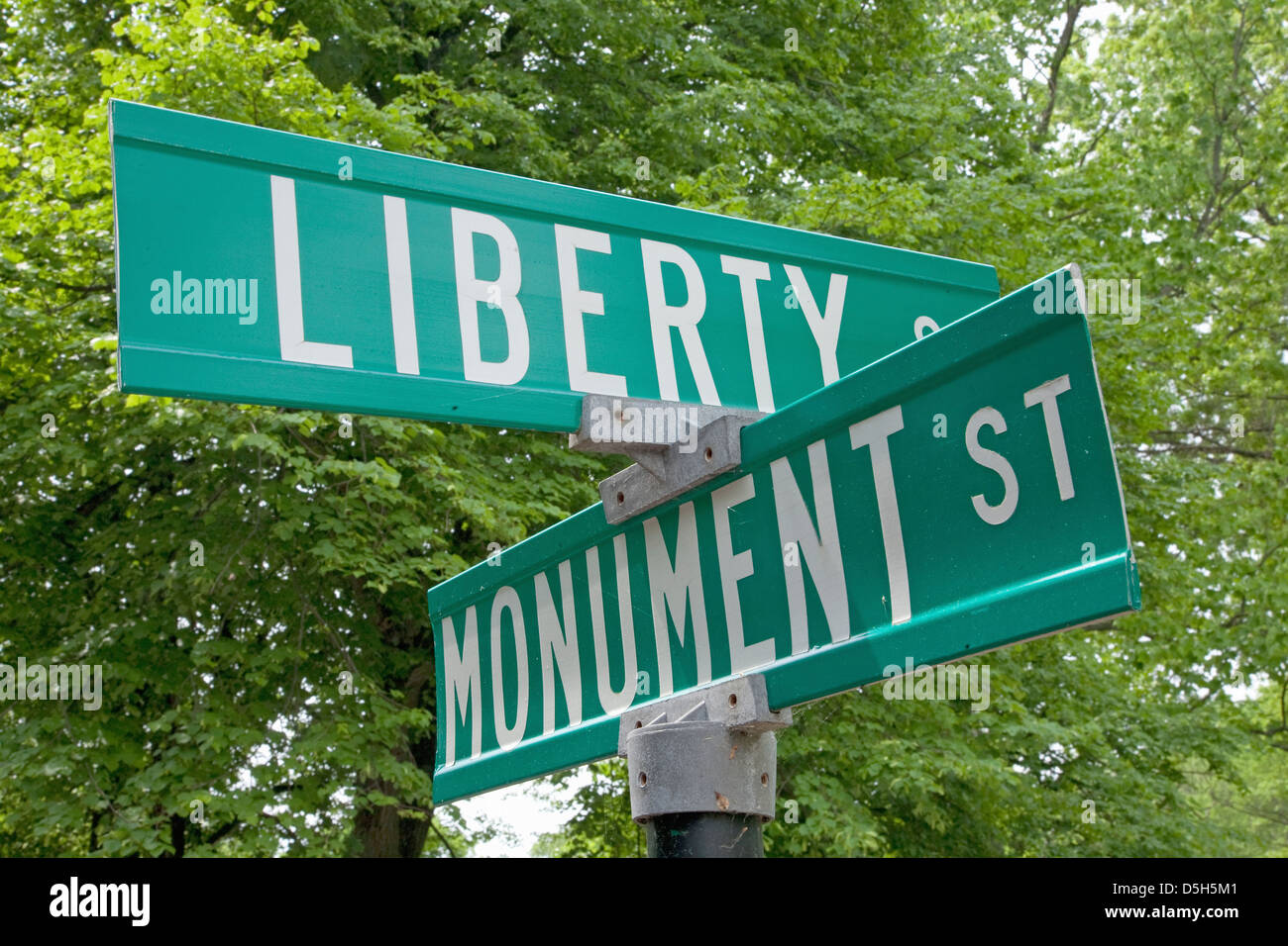 Liberty and Monument Road Signs, outside of Lexington, MA. Stock Photo