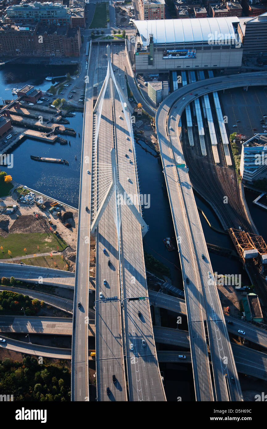 AERIAL morning view of Longfellow Arched Bridge over Charles River to Cambridge, Boston, MA Stock Photo