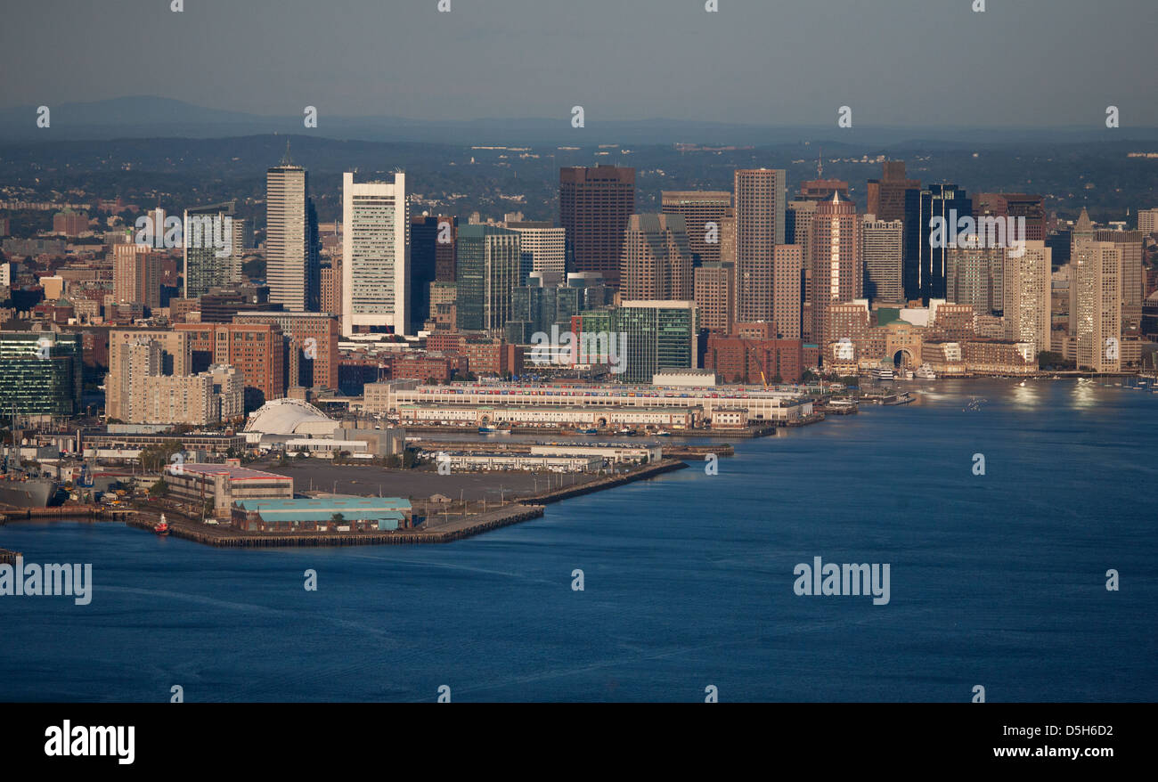 AERIAL morning view of Boston Skyline and Financial District and Wharf