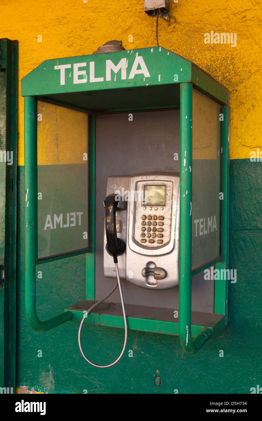 Madagascar, Morondava, Telecommunications, Telma public phone booth in town centre Stock Photo