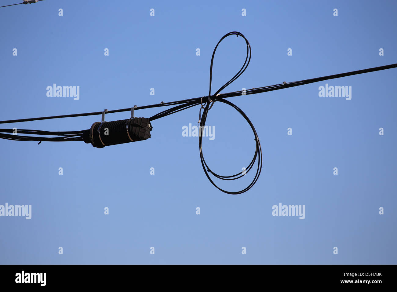 A telephone internet or communications cable or fiber optic cables and junction box on a power line Stock Photo