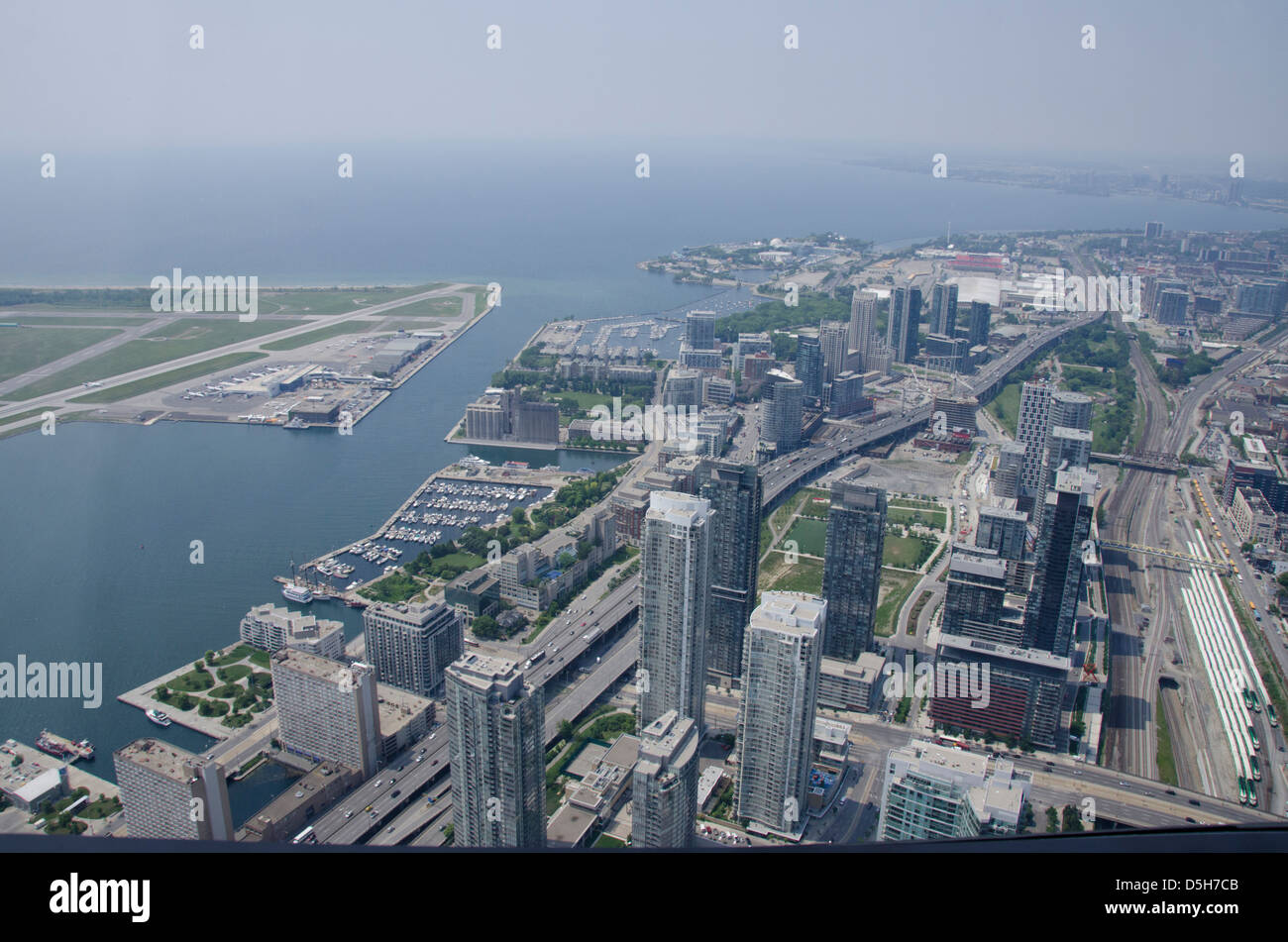 Canada, Ontario, Toronto. Lake Ontario and city overview from CN Tower. Stock Photo