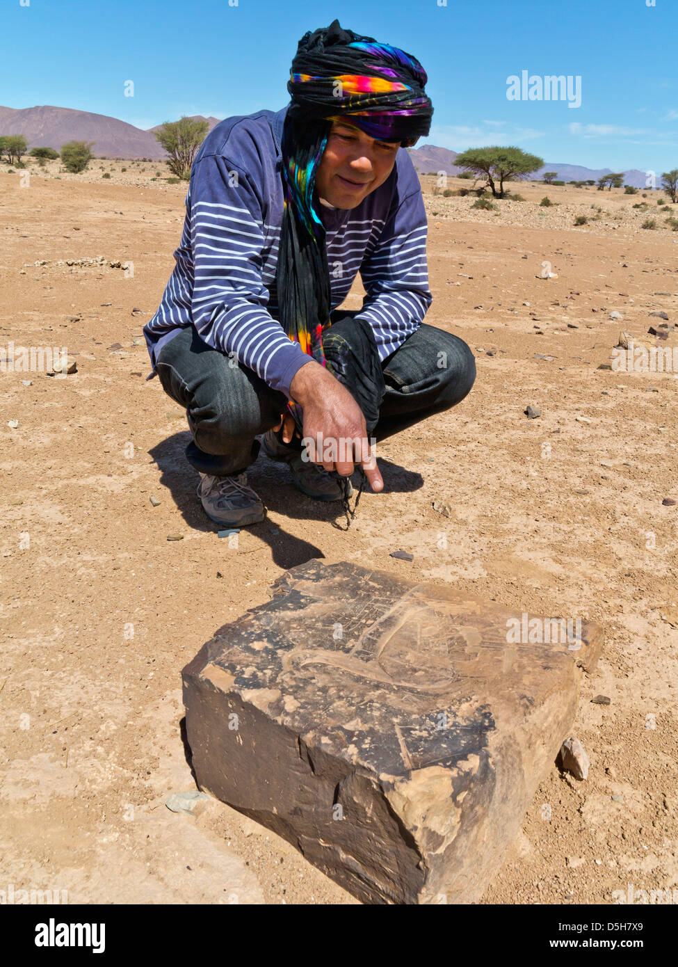 Brahim looking at Prehistoric rock carvings at Oued Mestakou on the Tata to Akka road in Morocco. Stock Photo