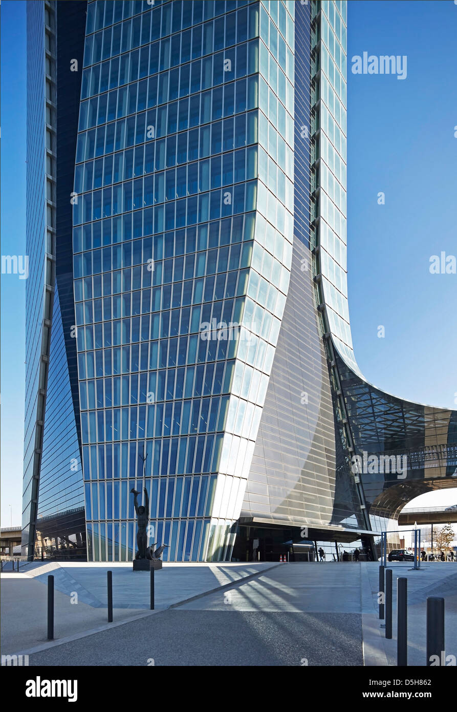 CMA/CGM Office Tower, Marseille, France. Architect: Zaha Hadid Architects, 2011. South-west elevation of tower's base with forec Stock Photo
