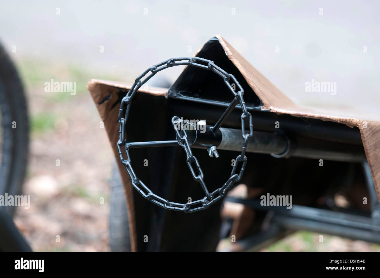 Chain link steering wheel on soap box car taking part in soap box race